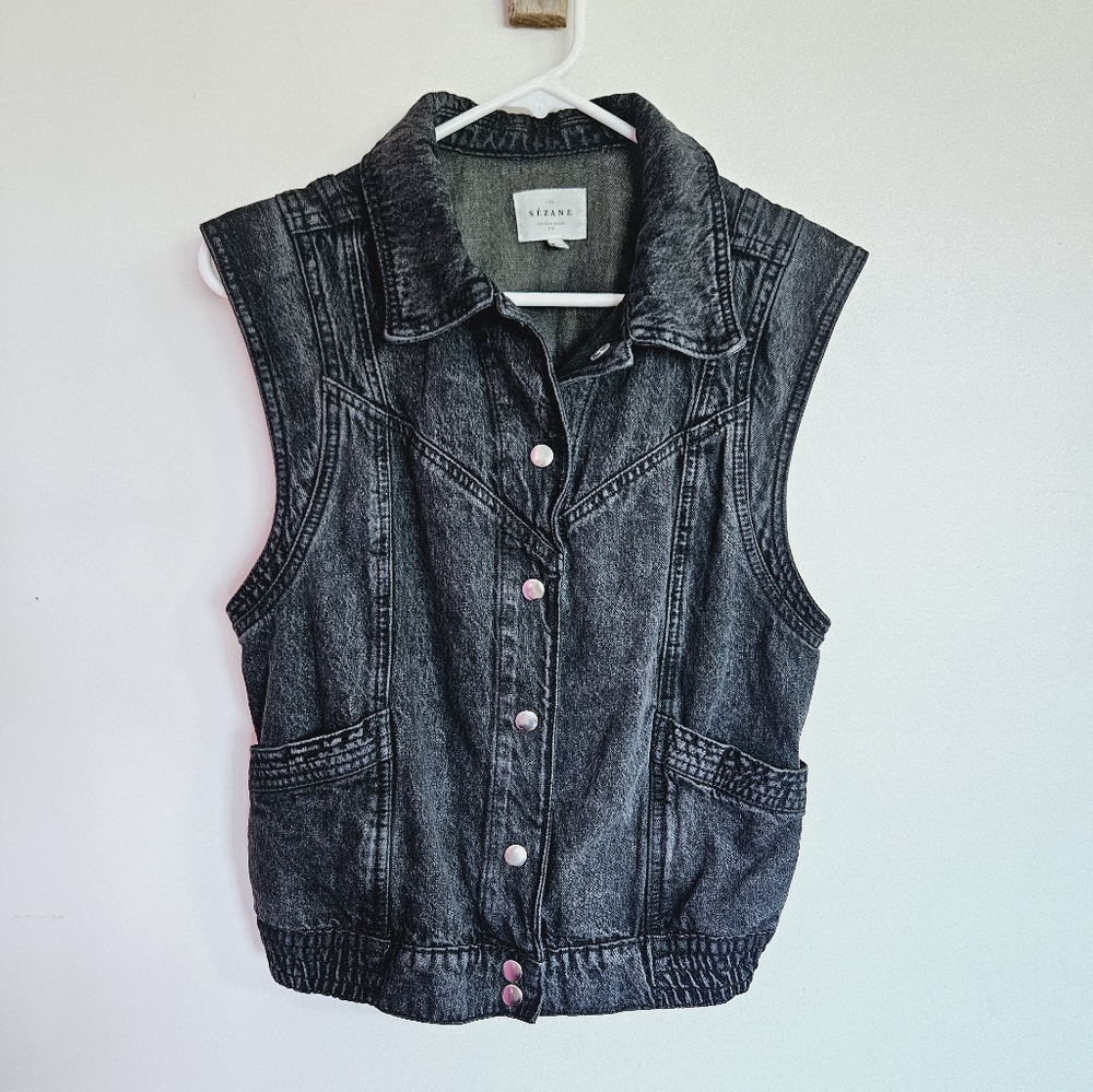 Sezane Black Denim Sleeveless Tim Jacket - Women's Vest